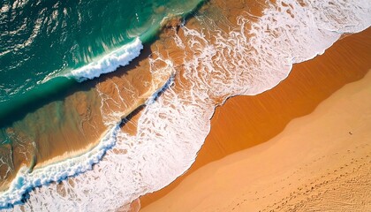 paisaje de playa idílico y soleado, arena fina y de color dorado, se ve suave y limpia. El agua cercana a la costa es de un vibrante color turquesa,