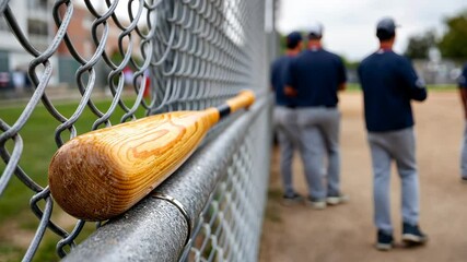 Baseball team strategy session by chainlink fence with wooden bat focus - Powered by Adobe
