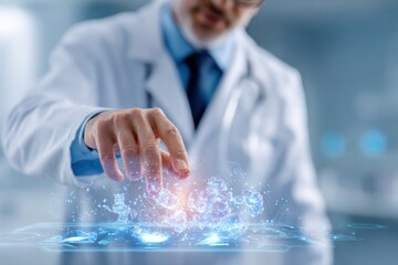 A scientist in a lab coat interacts with a futuristic holographic interface displaying molecular structures and data points.