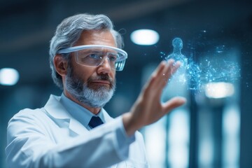A scientist in a lab coat and safety glasses interacts with a holographic human figure, illustrating advanced medical technology and digital innovation.