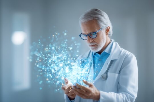 A senior male doctor in a white coat examines glowing digital particles in his hands, symbolizing futuristic medical technology and innovation.