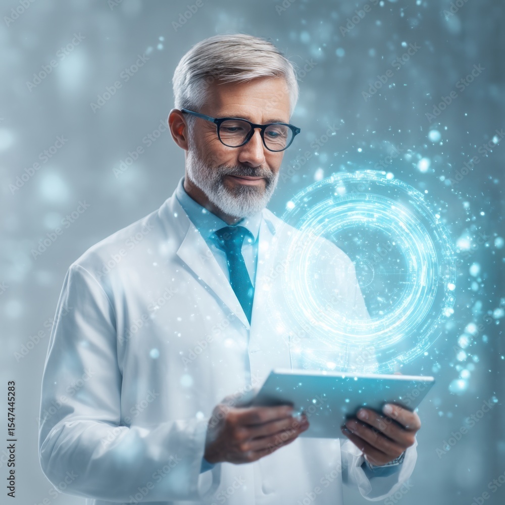 Poster a confident scientist in a white lab coat uses a tablet with a glowing futuristic holographic interf