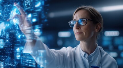 A scientist in a lab coat and glasses interacts with a futuristic transparent digital interface displaying data and graphs.