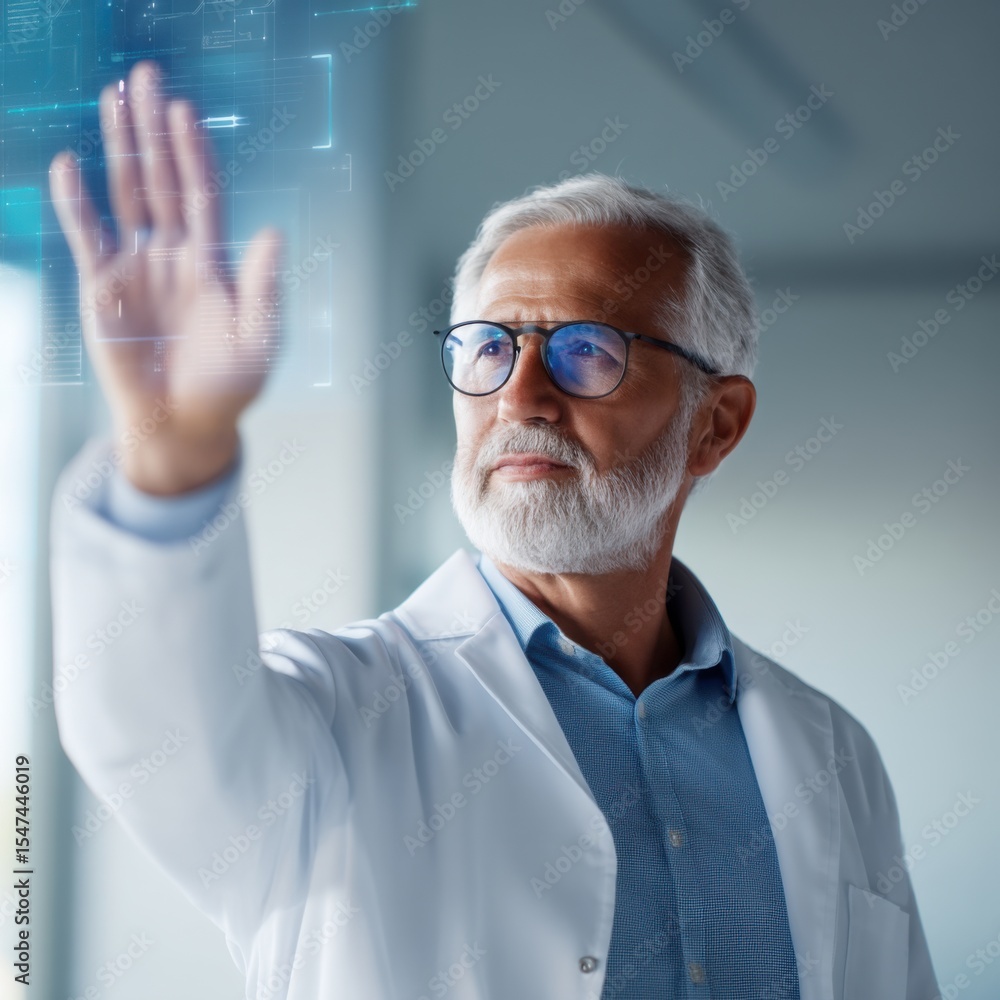 Poster an elderly scientist wearing glasses and a lab coat interacts with a futuristic virtual interface, f