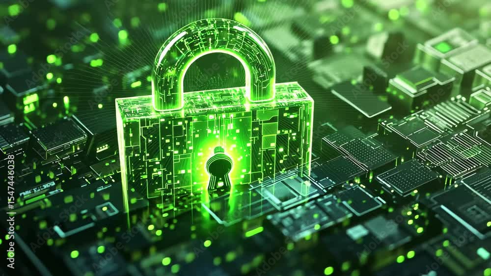 Aufkleber digital security represented by a green lock securing data in a vibrant virtual environment, green l