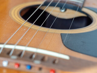 closeup of an acoustic guitar with details