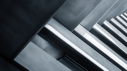 Obraz premium Abstract architecture, close-up of a building's exterior wall, sharp edges, geometric shapes, high-contrast lighting, cool tones, sharp shadows, architectural photography, modern cityscape background.