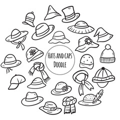 Set of Doodles illustration of Hats and caps . Thin line art about clothes.