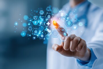 A person uses a futuristic touchscreen interface displaying medical and healthcare icons in a digital, hexagonal pattern.