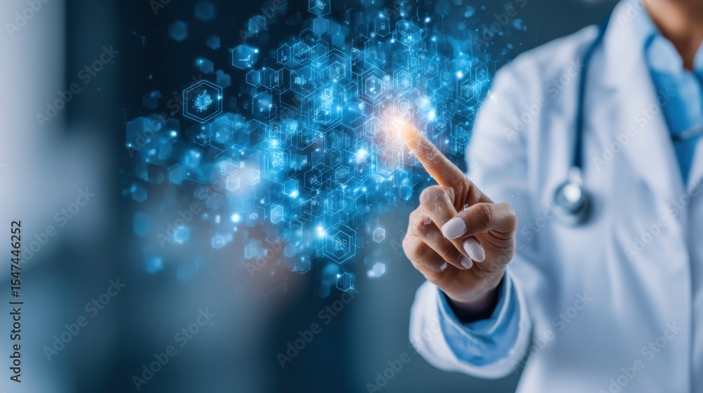 Poster a person touches a glowing digital interface with hexagonal icons, symbolizing futuristic technology