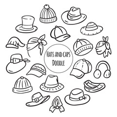 Set of Doodles illustration of Hats and caps . Thin line art about clothes.