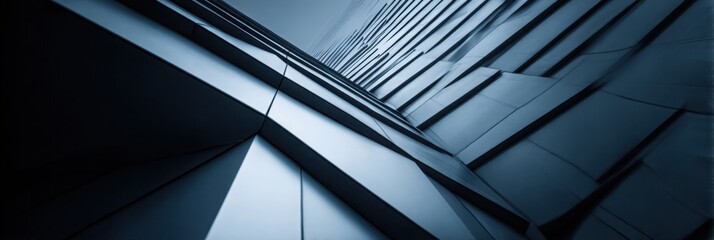 Abstract architecture, close-up of a building's exterior wall, sharp edges, geometric shapes, high-contrast lighting, cool tones, sharp shadows, architectural photography, modern cityscape background.
