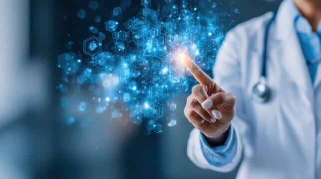 A person touches a glowing digital interface with hexagonal icons, symbolizing futuristic technology and data interaction.