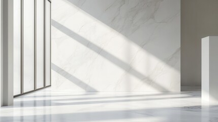 Obraz premium Modern minimalist interior with white marble wall, floor, and sunlight streaming through large window
