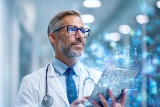 A confident male doctor in a hospital corridor uses a digital tablet with holographic medical data projections. - Powered by Adobe