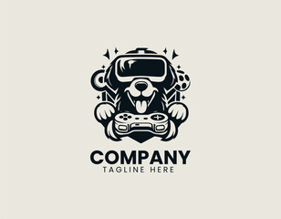 VR gamer dog wearing headset and holding controller inside circular emblem representing playful tech entertainment