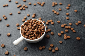 White bowl of dry dog food on black textured background with scattered kibbles