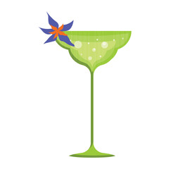 Illustration of a green glass with a drink on a thin stem with a blue and orange flower on a white background.