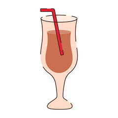 A glass on a thin stem with a drink and a red straw. The drink in the glass has a brown color.