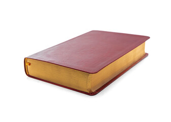 A thick vintage book with a red leather cover and golden-edged pages is placed horizontally on a...