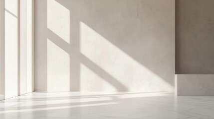 Sunlit minimalist interior corner with off-white walls, marble floor, and subtle shadows from a large window, creating a serene and peaceful atmosphere.