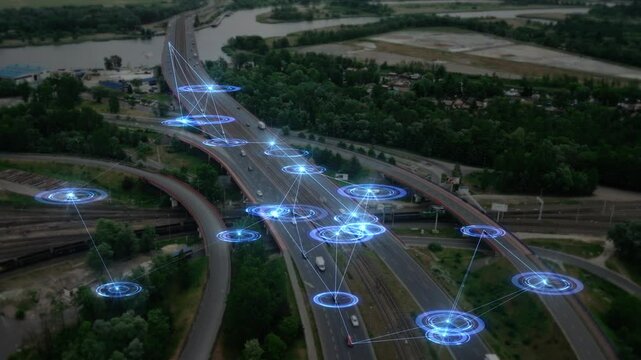 Futuristic aerial view of a highway network with glowing digital nodes connecting autonomous vehicles, real-time communication, vehicle-to-vehicle interaction, intelligent self-driving systems, 4k.
