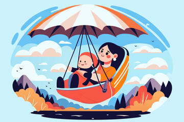 Fototapeta premium Mom and baby soaring above the landscape, a joyful flight, for parenting blogs