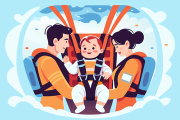 Obraz premium Happy family flying with baby in safety harness, for travel brochures