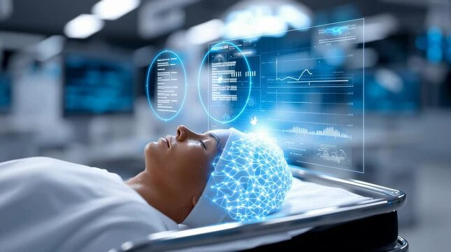 A patient undergoes a futuristic brain scan, showcasing innovative medical technology in a hospital setting. - Powered by Adobe