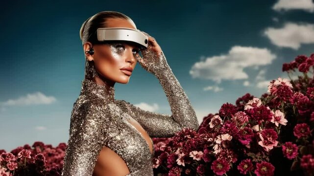 A beautiful woman in a silver sequin bodysuit wearing an augmented reality visor covering her eyes, standing amongst flowers and roses, with a cloudy blue sky in the background.