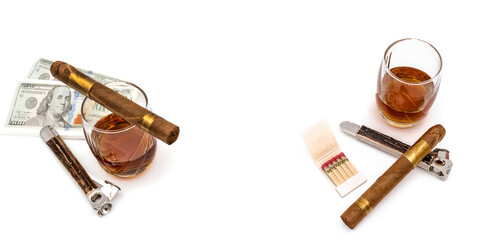 Quality cigars with cognac, cutter and 100 dollar paper