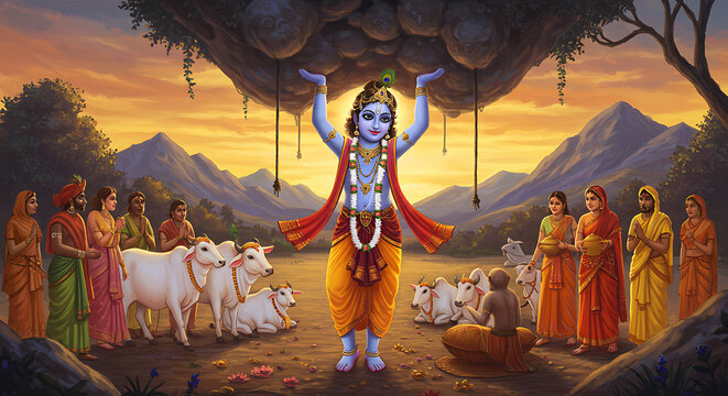 Lord Krishna Lifting Govardhan Hill: Divine Protection and Devotion in a Golden Sunset