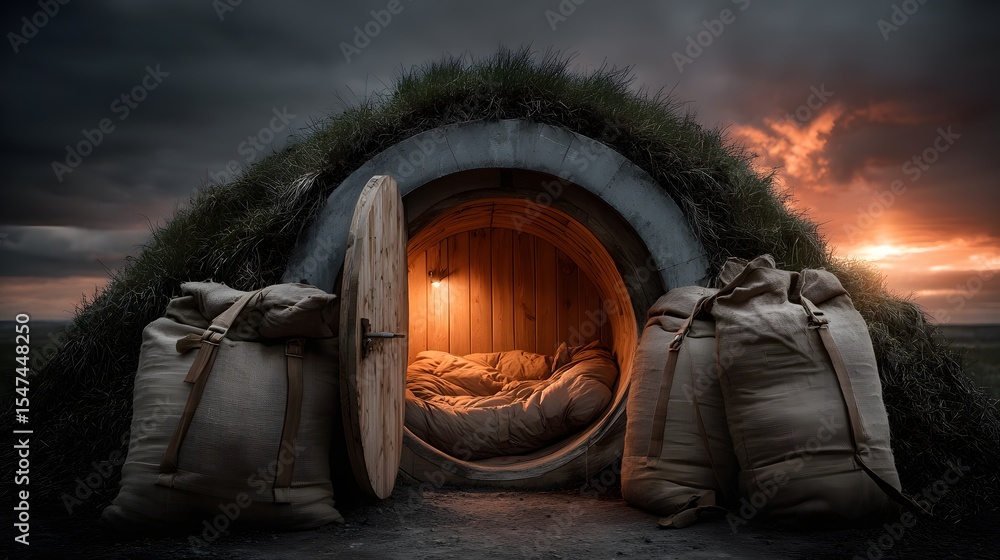 Poster a warm inviting shelter nestled in a natural setting with a glowing light visible through the moss c