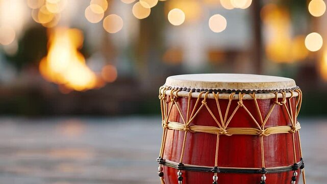 Traditional red drum with decorative lacing and warm bokeh lights background festive cultural music instrument