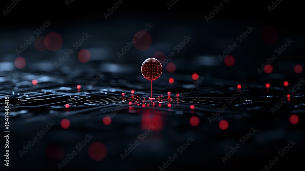 Poster glowing red spheres floating above dark circuit board pattern create futuristic cybersecurity visual