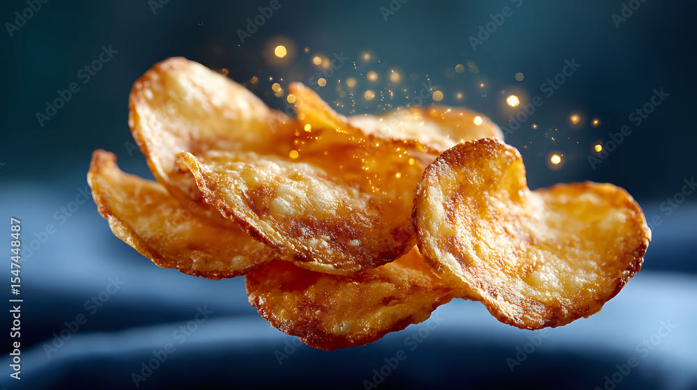 Poster crispy golden potato chips floating in dark space with glowing particles and bokeh effects, macro fo