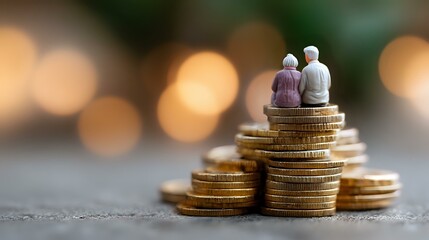 Elderly couple miniature figures sitting on stack of gold coins with bokeh background, representing retirement savings and pension fund planning.