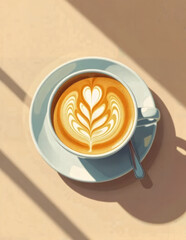 Cup of coffee with a heart-shaped art design on beige background