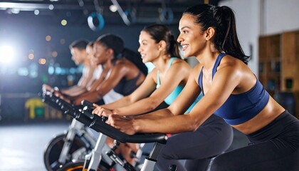 Fototapeta premium Happy Women Exercising Indoor Cycling Class Fitness.