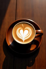 Coffee cup with heart shape latte art on wooden table
