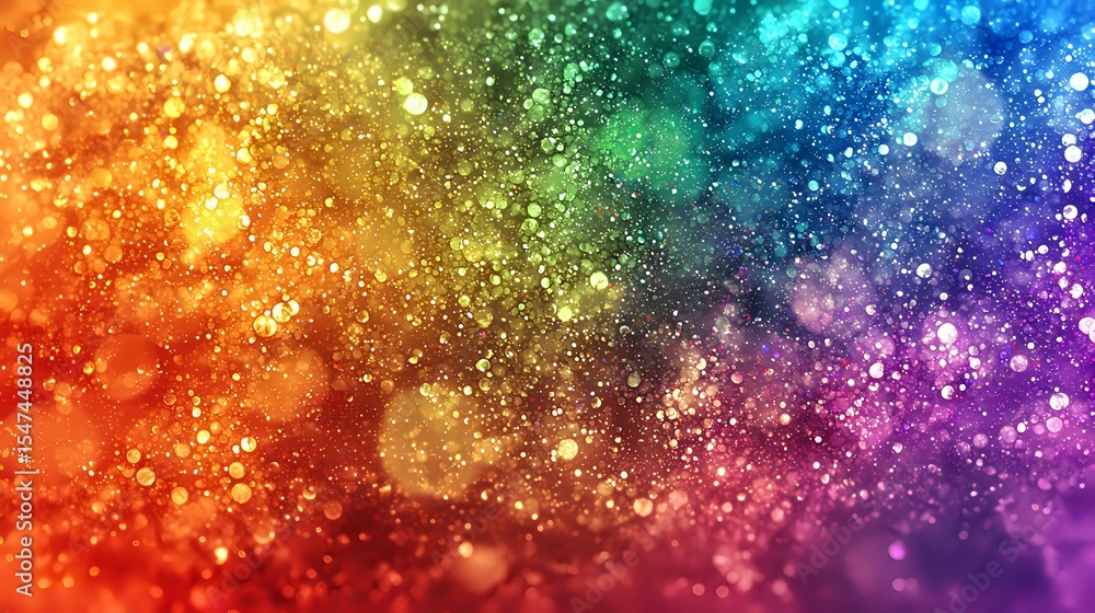 Poster vibrant rainbow colored bokeh background with glowing sparkles and light particles creating magical 