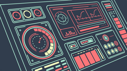 Sleek futuristic digital dashboard with data visualization, graphs, and gauges in a retro-futuristic neon-style UI. Modern technology control panel for analytics and system monitoring.
