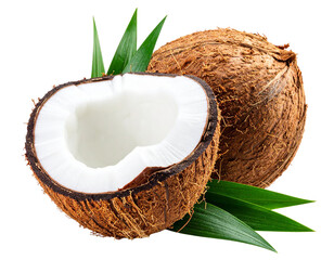 coconut with palm leaves isolated on transparent background, png