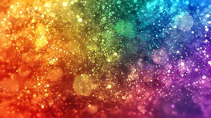 Fototapeta premium Vibrant rainbow colored bokeh background with glowing sparkles and light particles creating magical atmospheric effect for festive designs and celebrations.
