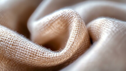 Fototapeta premium Soft waves of natural beige burlap fabric create gentle folds and curves in macro photography, showing detailed textile weave pattern and texture in neutral tones.