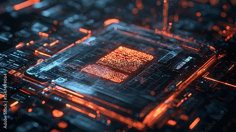 Poster glowing microprocessor unit with orange light effects on dark background, modern computer technology
