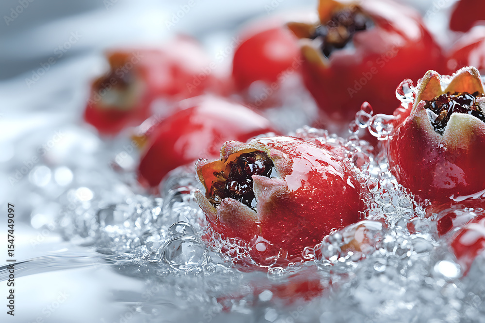 Poster fresh red cherries splashing in pure water with droplets and bubbles creating dynamic motion, macro 