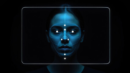 Facial recognition scan on a digital screen with biometric grid overlay, glowing authentication points, and a sleek, high-tech user interface.