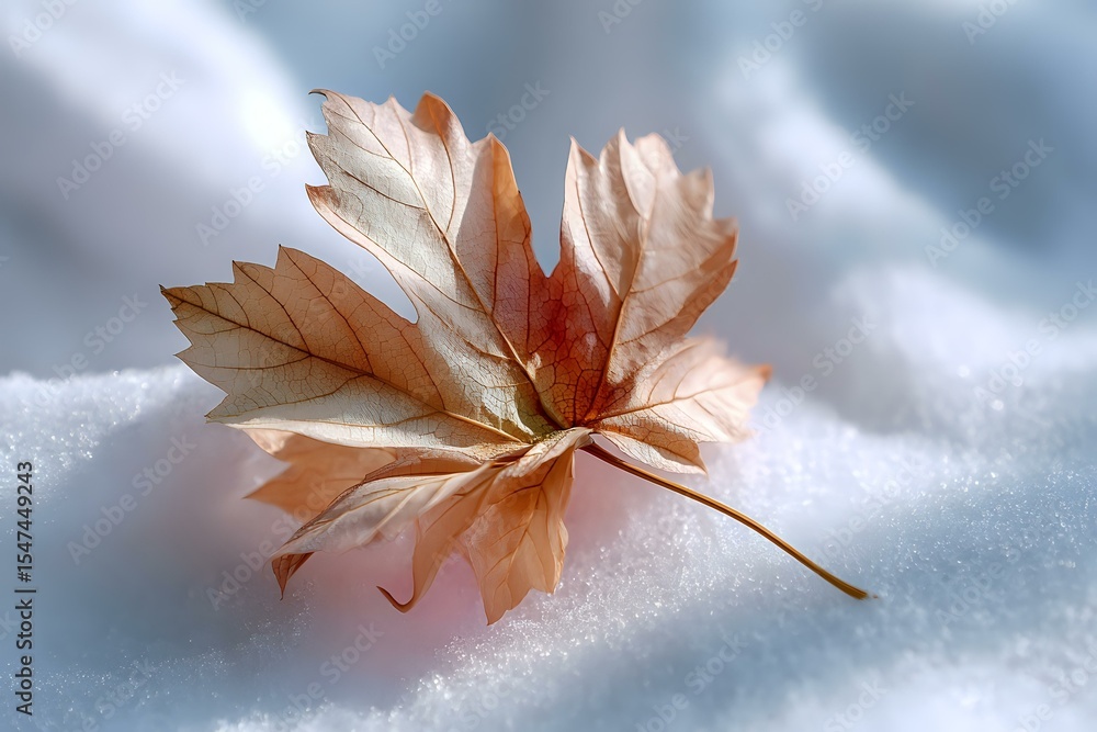Poster delicate autumn maple leaf with orange and pink hues resting on pure white snow, creating soft shado