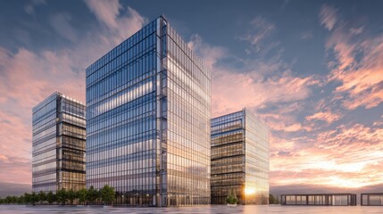 Modern glass office building with a sunset sky background, a business center exterior architecture mock-up.
